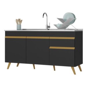 Balcão Cozinha Gabinete Pia 150 cm 3 Portas 1 Gaveta Veneza GB Multimóveis MP2072 Preto - Imagem 2