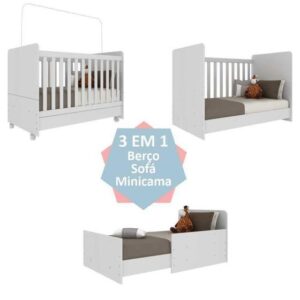 Berço Americano e mini Cama 3 em 1 com colchão incluso e rodízios com 3 ANOS de Garantia Bambino Multimóveis Branco - Imagem 4
