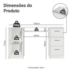 Escrivaninha Mesa para Computador Madesa Alaska 3 Gavetas 1 Porta - Branco - Imagem 3