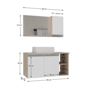 Armario gabinete banheiro 80cm + cuba soprepor + espelheira com puxador aluminio madeirado/branco - MOVEIS JOIA - Imagem 3