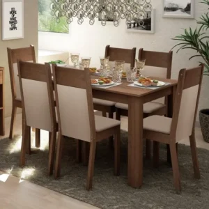 Conjunto Sala de Jantar Mesa Tampo de Madeira 6 Cadeiras Rustic/Crema/Bege Jaíne Madesa - Imagem 1