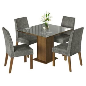 Conjunto Sala de Jantar Mesa Tampo de Vidro 4 Cadeiras Rustic/Cinza/Silver Anne Madesa - Imagem 2