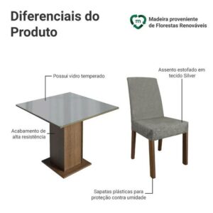 Conjunto Sala de Jantar Mesa Tampo de Vidro 4 Cadeiras Rustic/Cinza/Silver Anne Madesa - Imagem 4