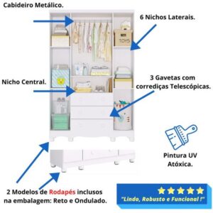 Guarda Roupa Infantil 4 Portas 3 Gavetas 100% MDF Uli - Faura - Imagem 4
