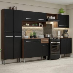 Armário de Cozinha Completa Madesa Emilly 293001 com Balcão e Paneleiro - Rustic/Preto - Imagem 1