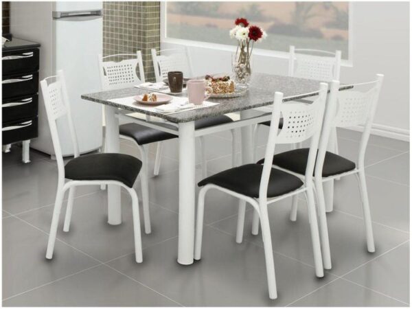 Mesa de Jantar 6 Cadeiras Retangular Aço Tampo Granito Poeme Ciplafe