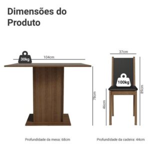 Conjunto Sala de Jantar Mesa Tampo de Madeira 4 Cadeiras Talita Madesa - Imagem 3