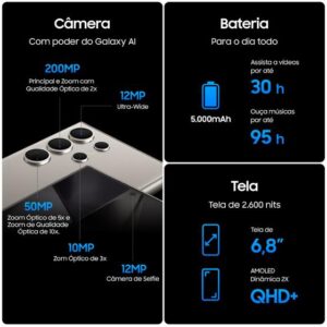 Smartphone Samsung Galaxy S24 Ultra 6,8" Galaxy AI 512GB Titânio Cinza 5G 12GB RAM Câm. Quádrupla 200MP + Selfie 12MP Bateria 5000mAh Dual Chip - Imagem 4