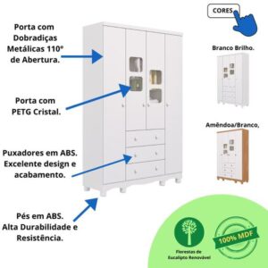 Guarda Roupa Infantil 4 Portas 3 Gavetas 100% MDF Uli - Faura - Imagem 3