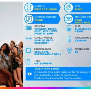 Motorola Edge 70 Fusion+ Roxo 5G 256GB 5G 24GB (12GB RAM + 12GB RAM Boost) Câmera 50MP Sony Lytia 710 Tela 1.5K Extreme Amoled 144Hz - Imagem 4