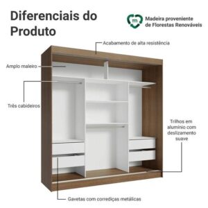 Guarda-Roupa Casal Madesa Reno 3 Portas de Correr com Espelho - Imagem 4