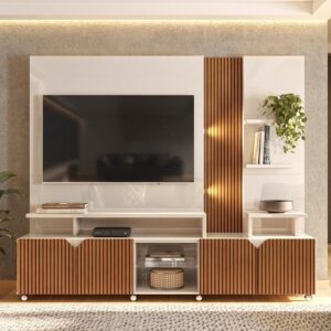 Estante Home para TV até 55 Polegadas Impressão Ripada Cross Lukaliam Off White/Tauari - Lukaliam Móveis - Imagem 4