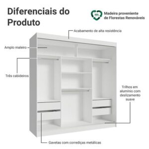 Guarda-Roupa Casal Madesa Reno 3 Portas de Correr com Espelho - Imagem 4