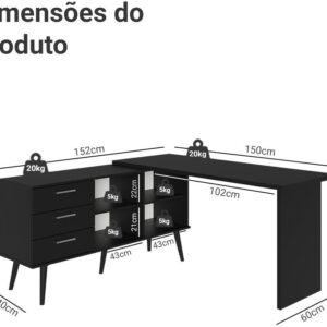 Escrivaninha Em L Mesa Para Computador Gamer 3 Gavetas Preto Lisboa Madesa - Imagem 2