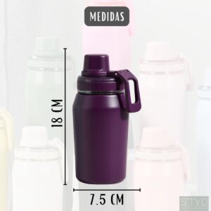 Garrafa Térmica, Tampa Antivazamento, com Canudo e Alça, Base Antiderrapante, Parede Dupla em Inox que Conserva Líquidos Quentes e Frios por Horas (Roxo, 350ml) - Imagem 3
