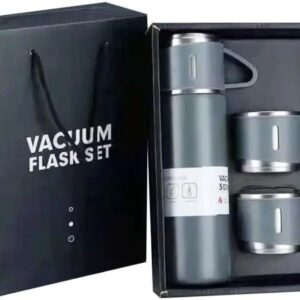 Kit Garrafa Termica Inox 500ML, Kit Cinza | Isolada a Vácuo, Parede Dupla, Com Tampa Caneca e 2 Canecas, Para Quente Gelado - Imagem 1
