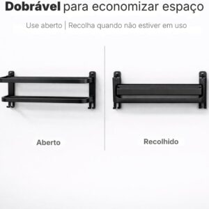 Toalheiro Duplo de Parede com Prateleira 46cm, Suporte Porta Toalhas Dobrável, Metal Preto Fosco - Imagem 5