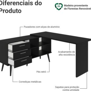 Escrivaninha Em L Mesa Para Computador Gamer 3 Gavetas Preto Lisboa Madesa - Imagem 5