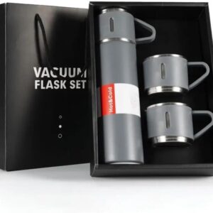 Kit Garrafa Termica Inox 500ML, Kit Cinza | Isolada a Vácuo, Parede Dupla, Com Tampa Caneca e 2 Canecas, Para Quente Gelado - Imagem 4