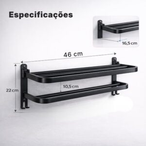Toalheiro Duplo de Parede com Prateleira 46cm, Suporte Porta Toalhas Dobrável, Metal Preto Fosco - Imagem 2