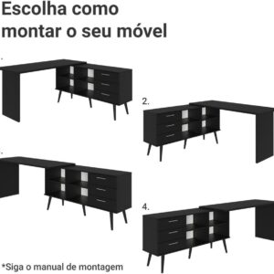 Escrivaninha Em L Mesa Para Computador Gamer 3 Gavetas Preto Lisboa Madesa - Imagem 6