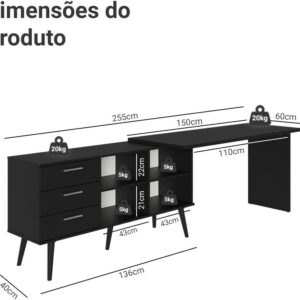 Escrivaninha Em L Mesa Para Computador Gamer 3 Gavetas Preto Lisboa Madesa - Imagem 4