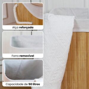 Cesto de roupa suja de bambu com tampa e alças 50 litros organizador lavanderia brinquedos - KONTUZ HOME - Imagem 3