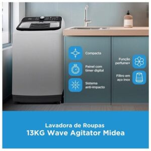 Lavadora de Roupas Midea 13kg Cesto Inox 13 Programas de Lavagem Branca Wave Agitator - Imagem 3