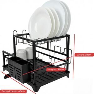 Decolab Escorredor de Louça Duplo Ferro Resistente com Bandeja de Escoamento Automático 360°para Bancada com Porta Talheres Removível e Compacto (Preto, 1 Andar) - Imagem 2