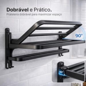 Toalheiro Duplo de Parede com Prateleira 46cm, Suporte Porta Toalhas Dobrável, Metal Preto Fosco - Imagem 4