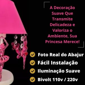Abajur Infantil Luminária de Mesa Borboletas Bailarinas Decoração Quarto Bebê Menina Rosa Pink Acrílico Branco - Imagem 2