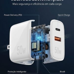 Carregador 50W + Cabo Compatível i.Phone, i.Phone X Xr 8 11 12 13 14 Plus Pro Max i.Pad, Carregamento Ultra Rapido, Fonte USB-C, Carga Rápida, Produto Homologado Anatel - Imagem 5
