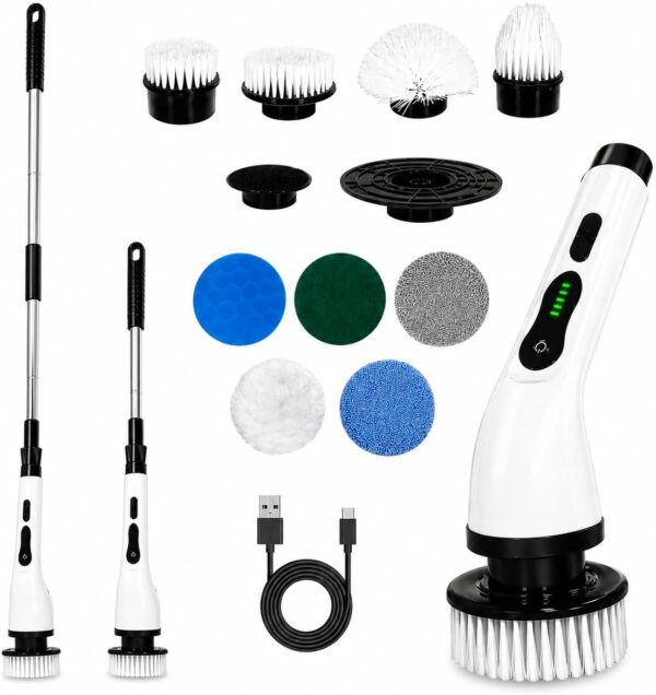 Esfregão Profissional Giratório 9 em 1 Recarregável Mop 360º Potente Portátil Cabo Extensível - Escova Multiuso Elétrica Azulejo Banheiro Cozinha Piso Premium