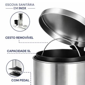 【Cozena】Kit Lixeira Inox e Escova Sanitária com Pedal e Balde Interno – 5L | Design Moderno e Elegante para Banheiro e Cozinha - Imagem 7