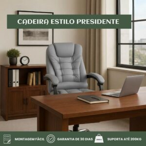 Cadeira De Escritório Itália Presidente Ergonômica Couro Sintético Encosto Ajustável Com Trava E Apoio Para Pés Cor Preta Luvinco (Cinza) - Imagem 3