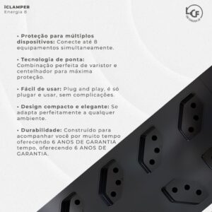 Filtro de Linha iCLAMPER Energia 8 com Proteção contra Surtos Elétricos(DPS) 8 Tomadas, 3 Pinos, 10 Amperes para PC, Notebook, Roteador, Monitor, Impressora, PS5, Alexa e etc, Bivolt, Cabo de 1m Preto - Imagem 7