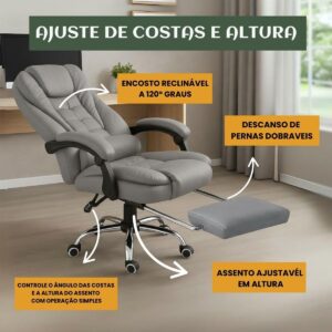 Cadeira De Escritório Itália Presidente Ergonômica Couro Sintético Encosto Ajustável Com Trava E Apoio Para Pés Cor Preta Luvinco (Cinza) - Imagem 7