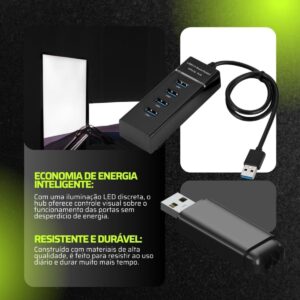 HUB USB 3.0 4 Portas Supervelocidade 5GBPS Indicador LED, Multiuso Compacto e Portátil, Transferência Rápida de Dados, Compatível c/Pen Drive, PC, Impressora, Mouse, Teclado, Console - Imagem 6