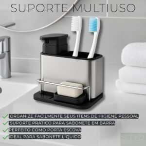 Dispenser para Detergente, Organizador Multifuncional de Pia em Aço Inox com Suporte para Bucha e Utensílios - Imagem 4
