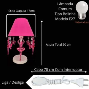 Abajur Infantil Luminária de Mesa Borboletas Bailarinas Decoração Quarto Bebê Menina Rosa Pink Acrílico Branco - Imagem 4