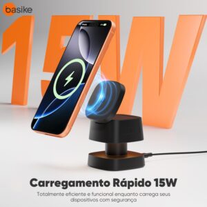 Carregador Sem Fio 4 em 1 Basike - Carregador por Indução15W Rápido Compatível para iPhone 16/15/14/13 Series, Apple Watch, AirPods com Luz de Noturna (Preto) - Imagem 6