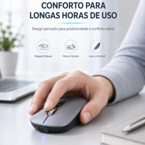 Mouse Sem Fio Bluetooth, Recarregável, Ergonômico, Ultra Fino Bluetooth USB-C DPI Ajustável 1600 Compacto, Silencioso para Notebook, PC, Mac, Trabalho, Escritório, Profissional - Imagem 3