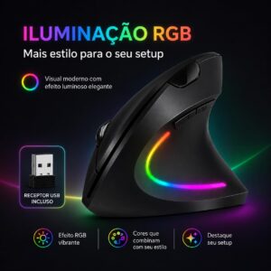 Mouse Vertical Ergonômico Recarregável Sem Fio, Dual Mode Bluetooth + 2.4G USB, Cliques Silenciosos, RGB, Compatível com PC e Notebook - Imagem 6