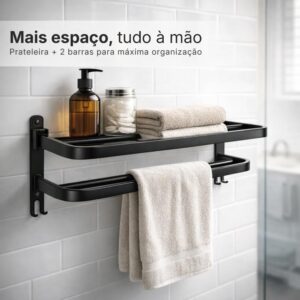 Toalheiro Duplo de Parede com Prateleira 46cm, Suporte Porta Toalhas Dobrável, Metal Preto Fosco - Imagem 3