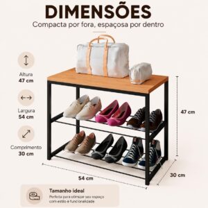 Sapateira Banco Industrial LH Móveis 2 Prateleiras, Cedro | Para Hall/Closet/Quarto, em Chapa de Aço - Imagem 3
