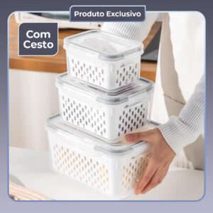 Decolab Kit 3 Potes Herméticos MaxFresh® com Cesto Interno Removível, Organizador para Cozinha e Geladeira, Multiuso, Porta Mantimentos Gerais, Plástico BPA Free - Imagem 7