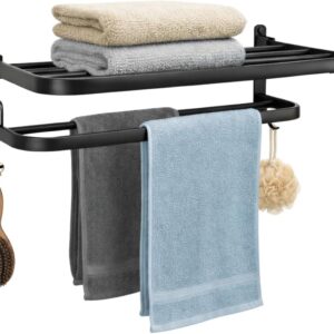 Toalheiro Duplo de Parede com Prateleira 46cm, Suporte Porta Toalhas Dobrável, Metal Preto Fosco - Imagem 1