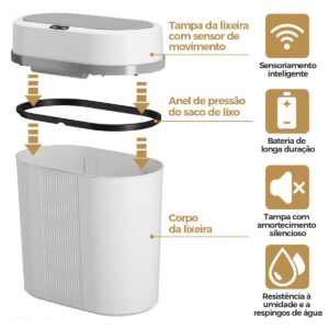 Lixeira 12 litros grande automática com sensor inteligente de aproximação para abrir e fechar - Imagem 2