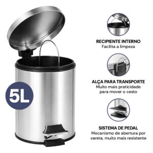 【Cozena】Kit Lixeira Inox e Escova Sanitária com Pedal e Balde Interno – 5L | Design Moderno e Elegante para Banheiro e Cozinha - Imagem 4