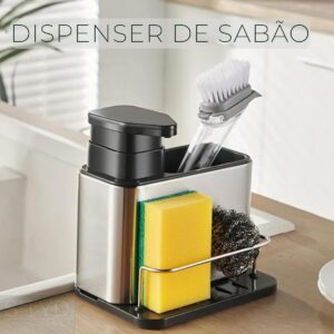 Dispenser para Detergente, Organizador Multifuncional de Pia em Aço Inox com Suporte para Bucha e Utensílios - Imagem 2